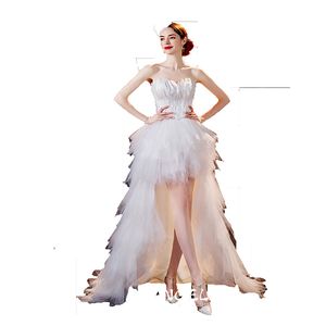 Feather Encrusted Tube Top Wedding Dress Short Front and Long Tail Sweet Dress