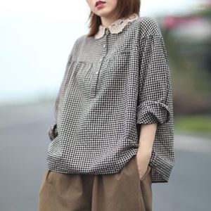 Blusas femininas retro mulher de manga longa camisas xadrez de renda feminina harajuku mulheres e bl;