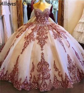 Açık pembe prenses balo elbisesi quinceanera elbiseler ışıltılı sequinsed dantel sevgilim seksi tatlı 16 elbise kızlar için artı pageant akşam resmi önlükler cl1059