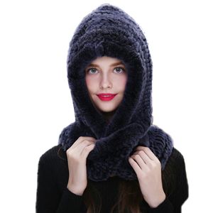 Real Rex Rabbit Fur Hat Scarf One-Pieces Women Earmuffs Snow Cap Hand-Woven Soft