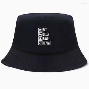 Boinas Eat Sleep Rave Repeat Bob Bucket sombreros verano hombres Panamá mujeres pescador sombrero algodón coreano negro gorras Hip Hop playa estampado gorra