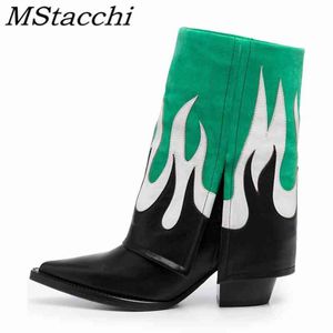 Boots Mstapchi جديد الرجعية الكعب الخام امرأة مختلطة الألوان الحقيقية منتصف المدبب أحذية أخمص القدم