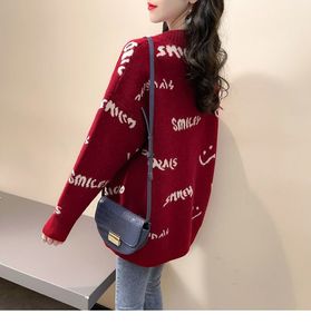 SS003 Spring Fashion Sweater Women's Sweads Long Sleeves Wool V-Deac Letter Printed Cardigan متماسكة فضفاضة أنيقة حلوة كبيرة الحجم