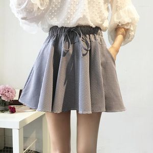 Skirts 2022 Summer Sweet Pleated Women Fresh Style High Waist Elastic Lace-up Anti-light Skirt Female Elegant Big Swing