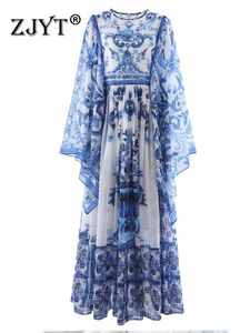 Autumn Runway Batwing Sleeve Print Floor Length Dress 2022 Women Elegant Vintage Chiffon Holiday Vestidos Long Party Robes Blue