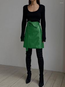 Gonne Wannthis Ecopelle Modello Coccodrillo Gonna A-Line Y2K Moda Donna Elegante Solido Verde Vita Alta Split Mini Estate