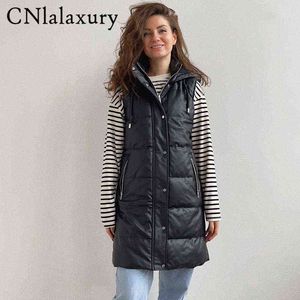 Women's Down Parkas Cnlalaxury 2022 New Winter Women Hooded Faux Leather Vests Coat Elegant Pockets Sleeveless Jacket女性カジュアルロングウエストコートT220902