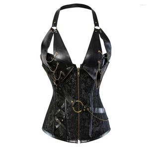 Bustiers Corsets Faux 가죽 코르셋 상어웨어웨어 레이스 업 뼈와 체인 여성 고딕 스팀 펑크 가슴 아웃웨어 오버 버스트 탑