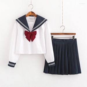 衣類セット日本の学校のドレス夏の短い/長袖ユニフォーム女性女子ネイビーブルーセーラースーツプリーツスカート
