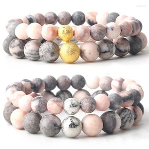 Strand Natural Stone Pink Zebra Jaspers Round Beads Par Armbandslängd cm för män Kvinnor mm mm mm guld silver