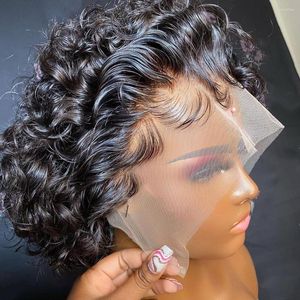 Pixie Cut Wig curto 250% Curly Human Hair Wigs Remy 13x1 Lace de onda profunda transparente para mulheres Bob