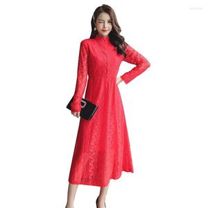 Casual Dresses 2022 Spring Women's Lace Floral virkning ih￥lig ut Vestido Patchwork Slim Office Party Red Long Dress