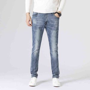 Jeans masculino verão fino elástico magro de cabana pequena de cano reto de ponta de moda de alta qualidade