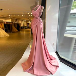 Pembe Satin Prom Elbiseler Prenses Kolsuz Derin V Boyun Tek Omuz Aplike Sequins Gecikme Pırıl Pırıl Kat Uzunluğu Parti Önlükleri Artı Boyut Özel Yapıldı