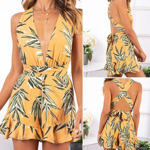 Damen-Overalls, Damen-Strampler, Bohemian-Stil, Playsuit, Blumendruck, sexy kurze Overalls, Top, Damen-Kleidung, lässig, Sommer, Strand