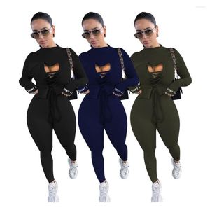 Women's Tracksuits Lucky Label Two Piece Set Women Outfit Hollow Out Top Bodycon Jumpsuit Fall Clothes Joggers Matching Wholesale Drop