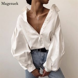 Kvinnors blusar skjortor avslappnad vintage sexig knapp vit blus lanthylsa överdimensionerad lös skjorta bomullskontor damer toppar blusas 10903 220902