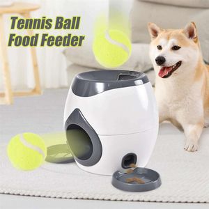 2 In 1 Pet Dog Toys Interactive Automatic Ball Launcher Tennis Emission Gooi speelgoed beloningsmachine Voedsel Dispenser Y200330262LL
