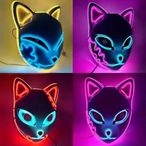 2022 Party Decoration LED Glowing Cat Face Mask Cool Cosplay Neon Demon Slayer Fox Masks For Birthday Present Carnival Party Masquerade Halloween