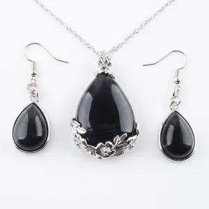 Natural Pendulum Pendant Bridal Party Jewelry Set For Women Water Drop Black Agate Gem Stones Dangle Earrings Necklaces Q3075