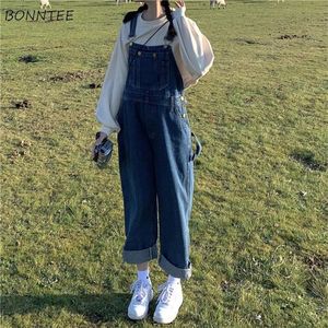 Women's Jumpsuits Rompers Denim Women Vintage Button Pockets Japanese Style Sweet Fresh Trendy Ins Full Length Straight Allmatch Loose Students 220902