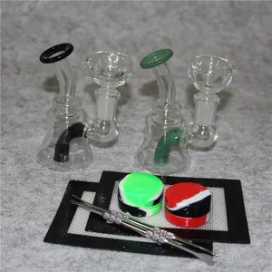 Mini Glass Dab Rig Bong Hookah New Glass Water Pipe Beaker Recycler Oil Rigs With Quartz Banger Bowl Dabber tool Silicone Container Mat