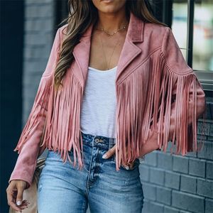 Kadın Ceketler Imcute Womens Vintage yaka uzun kollu saçak kırpılmış Hippi Motor Biker Cardigan Outwears Faux Süet püskül ceket 220902