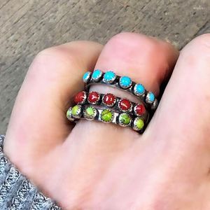 Cluster Rings Vintage Antique Silver Turquoise Red Coral Eternity Band Stacking Boho Ethnic Tribal Beach Party Jewelry Accessories Gift