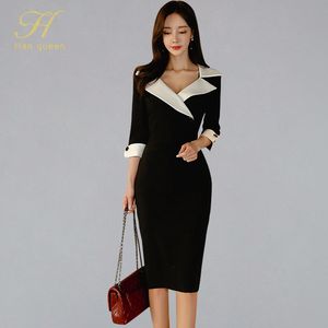 Sukienki robocze H Han Queen Kobiety nacięte szyi czarna osłona ołówek moda moda Slim Sexy Ol Bodycon Office Business Vestidos 220902