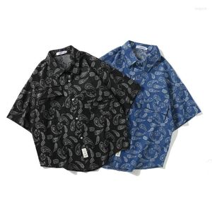 Men s Casual Shirts Cashew Nut Flower Print Short sleeved Shirt Men And Women Loose Trend Street Denim Jacket Summer Top Trendy Blue Black