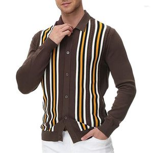 Polos masculinos de negócios masculino masculino malha vintage póoshirt camiseta de camiseta solteira de camiseta de camiseta Cardigan Slim Tshirts Top Ice Silk Sleeves Longa Camisa