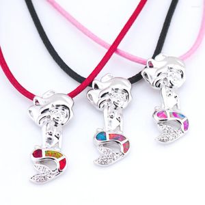 Pendant Necklaces Fashion Silver Plated Bohemia Women Birthday Party Mermaid Fire Opal Leather Cord Rope Chain Necklace OP036