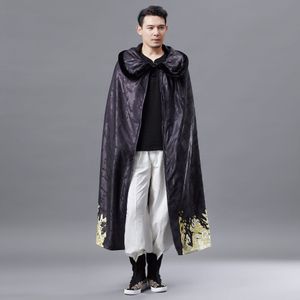 Men's Trench Coats Ethnic Winter Men Outerwear Cloak Hooded Cape Retro Pattern Costume Black Windbreakers