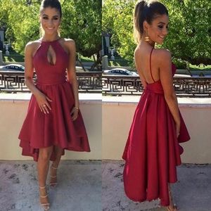 Parti Elbiseleri Mütevazı Koyu Kırmızı Kokteyl Seksi Kolsuz Anahtar Deliği Kısa Sırtsız Düşük Düşük Satin Prom Elbise Elbise