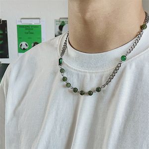 Green Beads Tide Brand Stitching Necklace Hip-Hop Cuban Chain Simple Titanium Steel Men's And Women's Fashion All-Match Jewelry