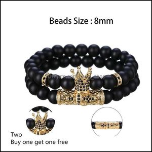 Beaded Strands 2 Set Armband - Matte Black Onyx 8mm Crown Men and Women Tattoo Personlighet Friendship Gift Armband D DHSeller2010 DHDBO