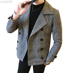 Męskie garnitury Blazers 2022 Zima Zimowa Mężczyźni Krótka wełniana kurtka podwójnie piersi Design Casual Windbreaker Fashion Retro Tartan 5xl L220902