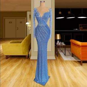 Unique Light Blue Mermaid Prom Dresses Glitter Long Sleeves Jewel Evening Dress Custom Made Appliques Sequined Women Formal Celebrity Party Gown