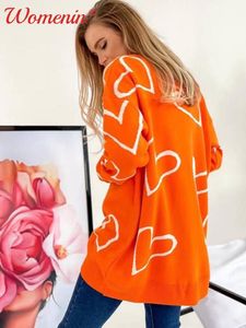 Kintted Heart Cardigan für Frauen Pullover Orange V-Ausschnitt Druckknopf Langarmpullover Herbst Winter Casual Lose Lady Tops