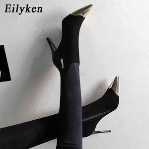 Boots Eilyken Fashion Golden Metal Corement Loced Toe Zipper Женщины зимние ботинки лодыжки сексуальные высокие каблуки насосы 220901