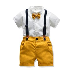 Bebek Bebek Beyefendi Giysileri Set Yaz Takım elbise Toddler Beyaz Gömlek Bow Tie Askı Şortu Resmi Yenidoğan Erkek Giysileri253S