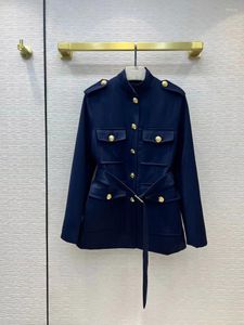 Women's Wool Women's Blends Fashion High-kvalitet Runway 22 Early Spring Products Cool Retro Gold Buckle Stand-Collar Blue Jacket