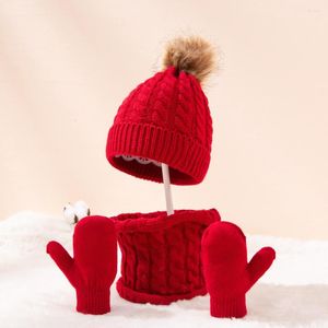 Cappelli a tre pezzi per la sciarpa per bambini e guanti in lana monocromatica calore in stock nel set di stock