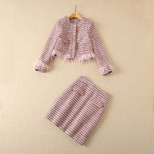 2022 Autumn Tweed Feather Two Piece Dress Long Sleeve Round Neck Pink Contrast Color Tweed Single-Breasted Coat & Panelled Short Skirt Suits Set 22G26T XXL