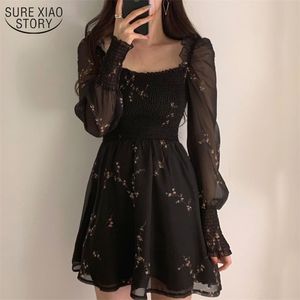 Vestidos de trabalho outono feminino vestido preto sexy flor vintage flor longa manga de chiffon coreana mini vestidos mujer roupas 13676 220902