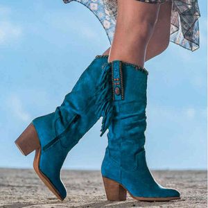 Boots New Wedge Heel Knee High For Women Tassels Side Zip Western Ridding Blue Cowboy Autumn Winter Bota Feminina 220901