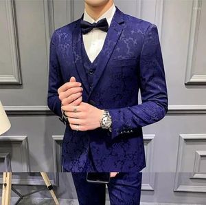 Herrar kostymer mode kungblå jacquard mäns kostym affärsformell 3 stycken smal passform lapel prom tuxedos bröllop brudgummen brudgum