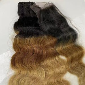 Body Wave 300g hårbuntar med 16 tum spetsstängning full huvud ombre färg T1b/30/27# Indian Virgin Human Hair Weft för svart kvinna