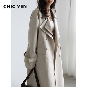 Women's Trench Coats CHIC VEN Women Solid Loose Contrast Double Collar Breasted Long Windbreaker Coat Office Lady Spring 220902