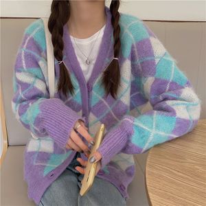 Women s Knits Tees Womens Button Down Knit Sweater Long Sleeve V Neck Argyle Print Loose Cardigan 220902